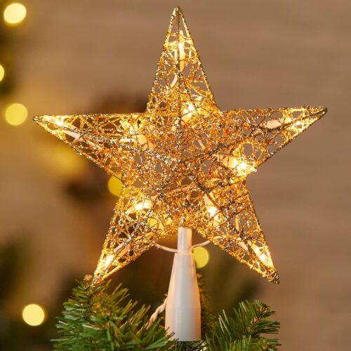 1 Christmas Star Tree Topper, Plug in 9" 3D Twined Golden Star Metal Hollow Designed Tree Topper, Built in 10 Bulbs