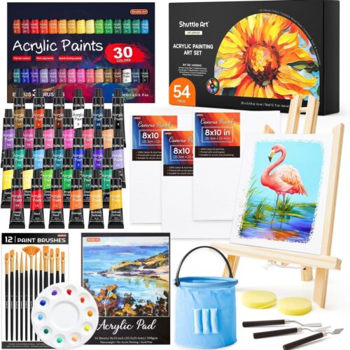 1 54 Pack Acrylic Paint Set, Acrylic Painting Set with 30 Colors Acrylic Paint, Wooden Easel, Painting Canvas, Paint Brushes, Palette