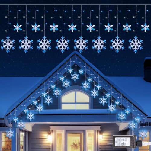 1 Christmas Snowflake Lights - 13ft 192LED Snowflake Icicle Lights with 16 Drops, 12 Modes and Timer