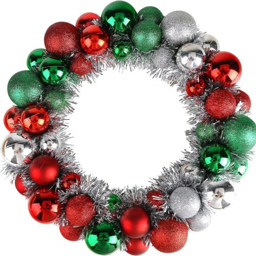 Christmas Decor Ball Wreath, 13 Inches Red and Green Ornament Wreath Garland Decoration
