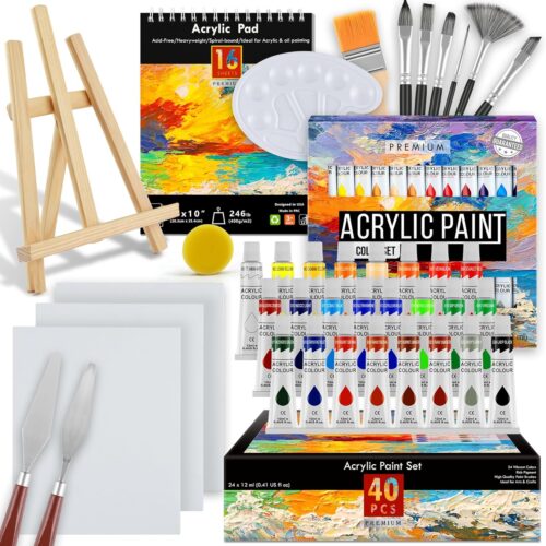 1 Acrylic Paint Set 56 pcs,Painting Supplies with 24 Acrylic Paint,16 Sheets Acrylic Pad,Painting Brushes,Canvas,Palette,Easel