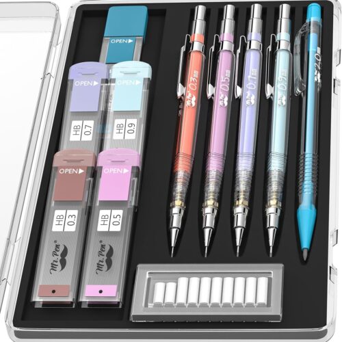 1 Pastel Mechanical Pencil Set with Black Lead and Eraser Refills, Clear Barrel, 0.3, 0.5, 0.7, 0.9, 2mm