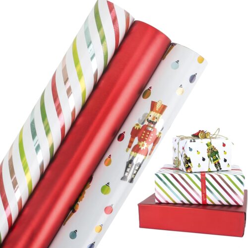 1 Christmas Wrapping Paper Rolls - Mini Roll, Christmas Stripes and Nutcracker Wrapping Paper Christmas, 3 Roll -17In*120In Per Roll
