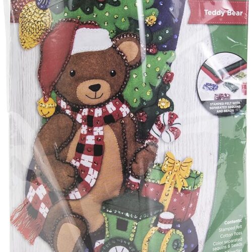 1 Felt Applique Christmas Stocking Kit, 18", Teddy Bear