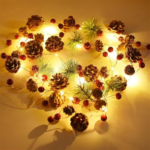 7.2 Ft 20 Pinecones Red Berry Garland with Lights