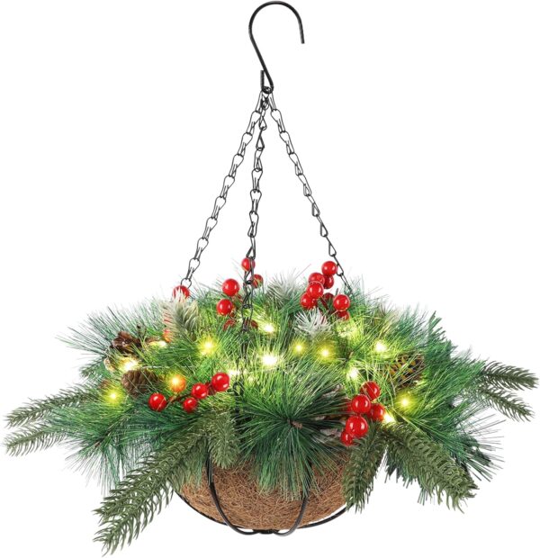 Pre-Lit Artificial Christmas Hanging Basket Outdoor Decoration with Pine Cones & Red Berry Clusters 1
