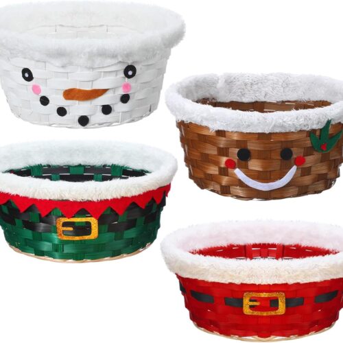 4 Pieces Christmas Basket for Gifts Snowman Woven Bamboo Basket