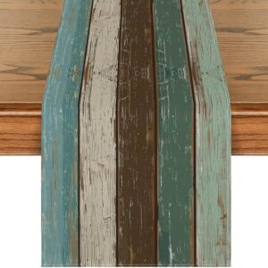 Green Retro Rustic Wood Texture Table Runner