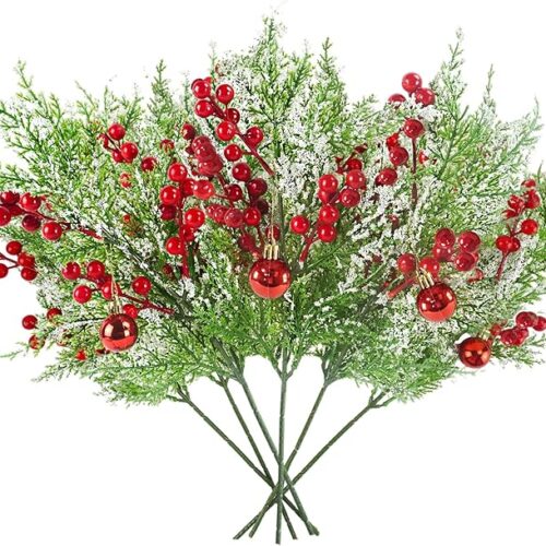 1 Frosted Faux Cedar Spray Branches with Red Berry & Ring Bell