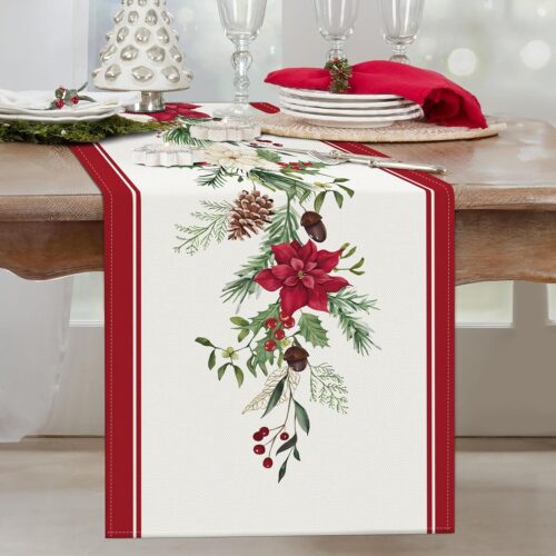 1 Christmas Poinsettia Table Runner 13x72 Inch