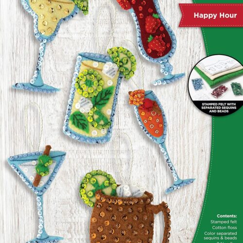 1 Happy Hour, Felt Applique 6 Piece Ornament Making Kit, Perfect for DIY Arts and Crafts