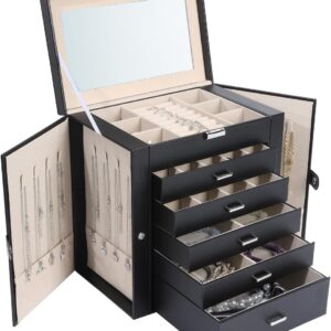 6 Layer Lockable Large Jewelry Holder Organizer with 5 Drawers  (Black)
