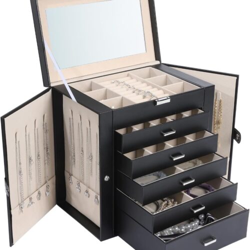 1 6 Layer Lockable Large Jewelry Holder Organizer with 5 Drawers (Black)