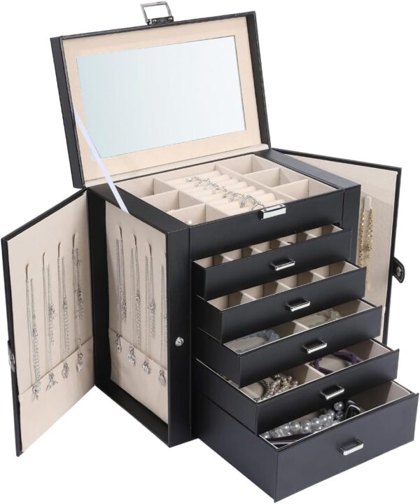 6 Layer Lockable Large Jewelry Holder Organizer with 5 Drawers (Black) 1