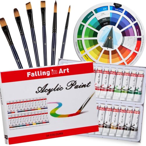 1 Canvas Painting Kit with 24 Acrylic Paints, Nylon Brushes for Kids, Adults, Beginners, Hobbyists, Artists, 31 Pieces Set