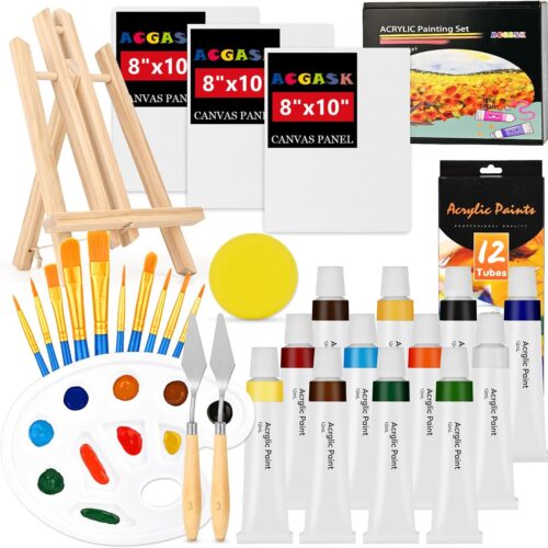 1 ,Acrylic Paint Canvas Easel Set,30 Pcs Drawing Painting Supplies Art Kit,12 Paints,10 Painting Brushes,Palettes Etc