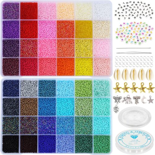 1 33600+pcs Size 12/0 2mm Glass Seed Beads for Bracelet Jewelry Making, Small Beads 48 Colors