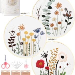 3 Sets Embroidery Kit,Cross Stitch Kits with Easy Stamped Floral Pattern Fabric Hand Crafts