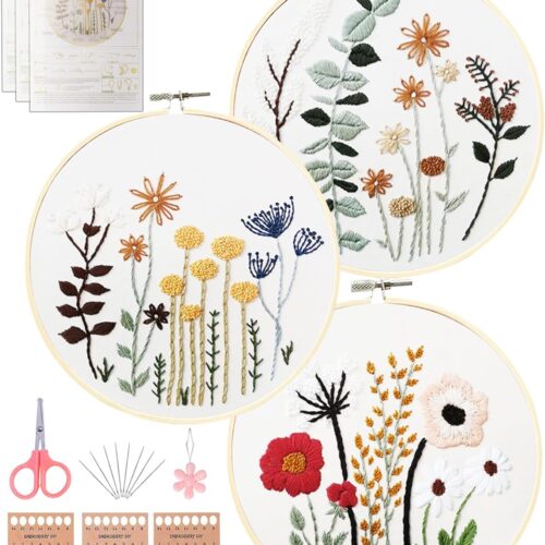 1 3 Sets Embroidery Kit,Cross Stitch Kits with Easy Stamped Floral Pattern Fabric Hand Crafts