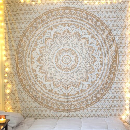 1 Mandala Tapestry - Boho Wall Art - 30x40 Inches - White Gold - Bedroom Decor