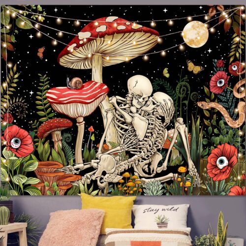 1 Mushroom Skull Tapestry Skeleton Floral Plant Flower Aesthetic Bedroom (48'' × 36'')