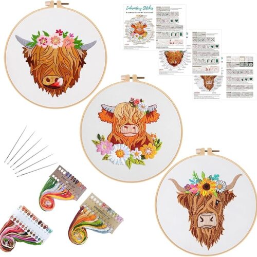 1 3 Sets Highland Cow Embroidery Kits for Beginners,Cross Stitch Kits