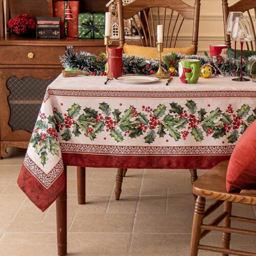 Christmas Jacquard Rectangle Tablecloth, Winter Holly Table Cloth, Heavy Weight Fabric Table Cover for Xmas Holiday, Dining, Party Decor, DHHolly 60 x 84 Inch