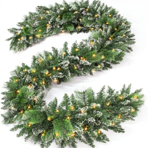 9FT Christmas Garland with Lights 100 LED Prelit Pine Needle, Cypress Leaves, Snow Branches Garland Christmas Decorations with Timer 8 Modes for Mantle Stairs Door Outdoor Decor