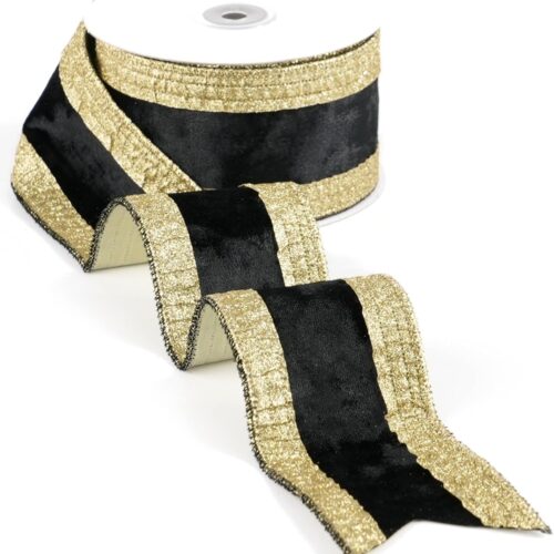 11 Black and Gold Velvet Wired Ribbon 2.5" X 10 Yards Black Velvet with Gold Glitter Border Stripe Christmas Ribbon for Tree, Wreath Supplies, Garlands Making, Crafts Projects, Home Decor