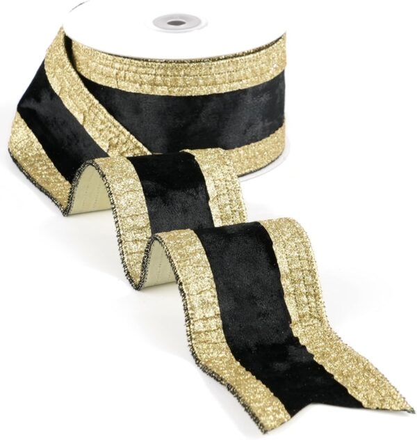 Black and Gold Velvet Wired Ribbon 2.5" X 10 Yards Black Velvet with Gold Glitter Border Stripe Christmas Ribbon for Tree, Wreath Supplies, Garlands Making, Crafts Projects, Home Decor 1