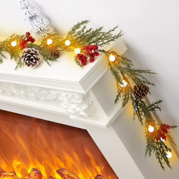 Christmas Garland with Lights, 6FT Artificial Red Berry Xmas Garland and Pinecones, Battery Operated with 20 Globe LEDs 1