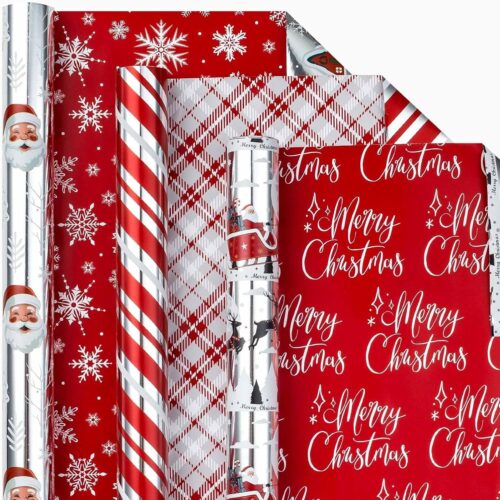Reversible Christmas Wrapping Paper Roll - Metallic Shine Santa, Sleigh, Reindeer, Stripe, Plaid, Letterings, Snowflake for Christmas, New Year Celebration - 3 Rolls - 17 x 120 Inch Per Roll