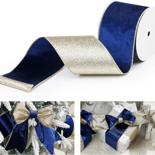 Blue Velvet Wired Ribbon with Glitter Back 4 Inch Navy Blue and Gold Christmas Ribbon Wired Ribbon for Christmas Tree, Gift Wrapping, Mantel, Wreaths Supplies, Topper Bows (10 Yards)