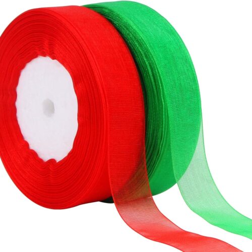 11 2 Rolls 100 Yards Christmas Ribbons, 0.8" Wide for Gift Wrapping Decoration, Red & Green