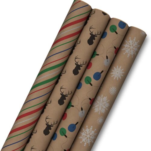 11 Recyclable Christmas Wrapping Paper for Kids with Cut Lines on Reverse (4 Rolls: 88 sq. ft. ttl)