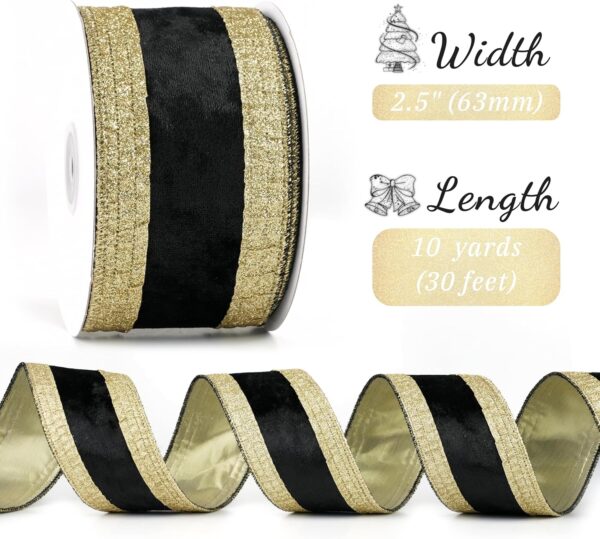 Black and Gold Velvet Wired Ribbon 2.5" X 10 Yards Black Velvet with Gold Glitter Border Stripe Christmas Ribbon for Tree, Wreath Supplies, Garlands Making, Crafts Projects, Home Decor 2
