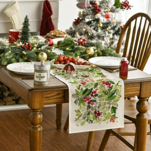 12 Watercolor Holly Christmas Table Runner, Seasonal Winter Xmas Holiday Kitchen Dining Table Decoration for Indoor Outdoor Home Party Decor 13 x 72 Inch