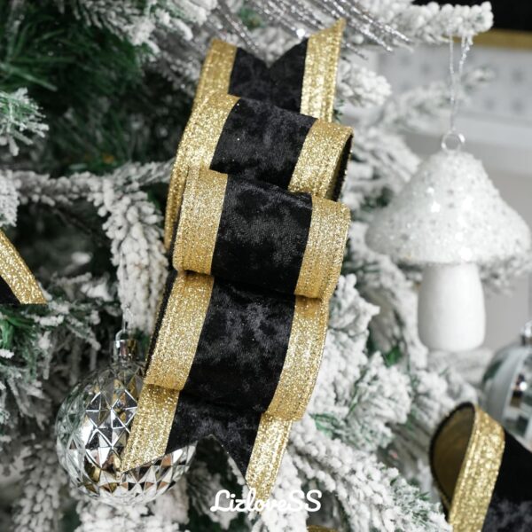 Black and Gold Velvet Wired Ribbon 2.5" X 10 Yards Black Velvet with Gold Glitter Border Stripe Christmas Ribbon for Tree, Wreath Supplies, Garlands Making, Crafts Projects, Home Decor 3
