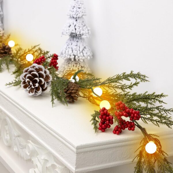 Christmas Garland with Lights, 6FT Artificial Red Berry Xmas Garland and Pinecones, Battery Operated with 20 Globe LEDs 3