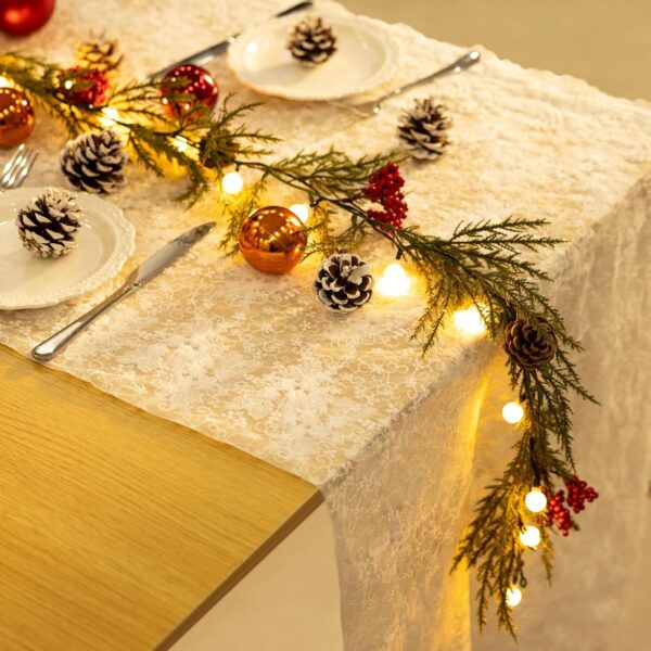 Christmas Garland with Lights, 6FT Artificial Red Berry Xmas Garland and Pinecones, Battery Operated with 20 Globe LEDs 4