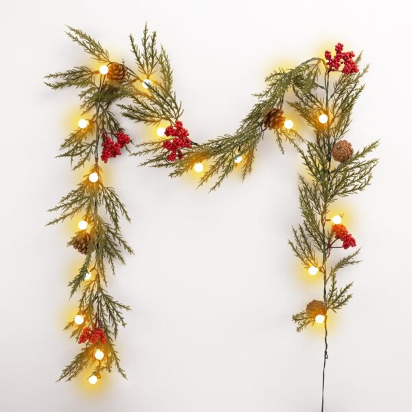 Christmas Garland with Lights, 6FT Artificial Red Berry Xmas Garland and Pinecones, Battery Operated with 20 Globe LEDs 5