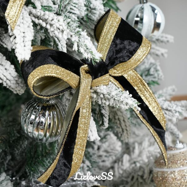 Black and Gold Velvet Wired Ribbon 2.5" X 10 Yards Black Velvet with Gold Glitter Border Stripe Christmas Ribbon for Tree, Wreath Supplies, Garlands Making, Crafts Projects, Home Decor 6