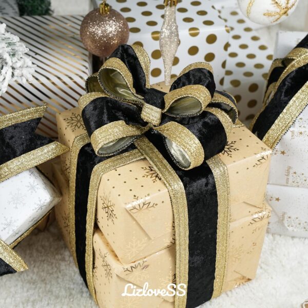 Black and Gold Velvet Wired Ribbon 2.5" X 10 Yards Black Velvet with Gold Glitter Border Stripe Christmas Ribbon for Tree, Wreath Supplies, Garlands Making, Crafts Projects, Home Decor 7