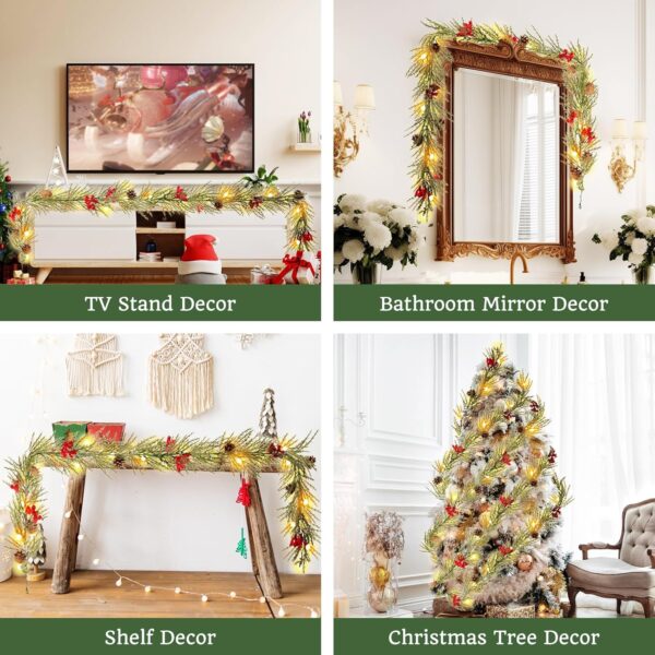 Christmas Garland with Lights, 6FT Artificial Red Berry Xmas Garland and Pinecones, Battery Operated with 20 Globe LEDs 7