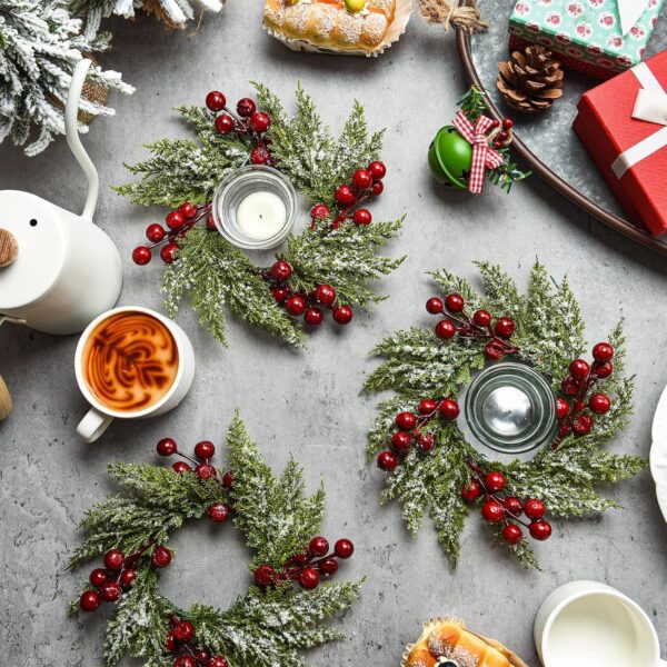 Christmas Wreath Artificial Red Berries and Pinecones Pillars Candle Rings (12 Pieces) 5