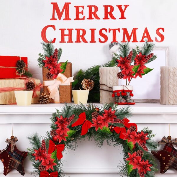 6 Pack Artificial Christmas Poinsettia Picks Faux Berries Pine Stems (Red) 5