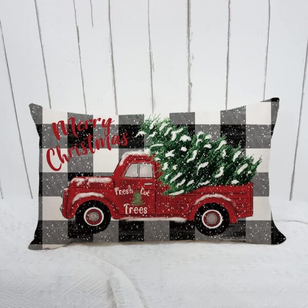 Christmas Pillow Cover Red Truck with Plaids Background 20 x 12 Inch 5