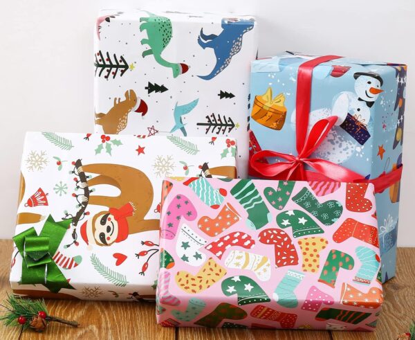 12 Sheets Xmas Gift Wrap 4 Cartoon Designs Dinosaur, Sloths, Snowmen, Socks - Folded Flat, 20 Inch X 29 Inch Per Sheet 5