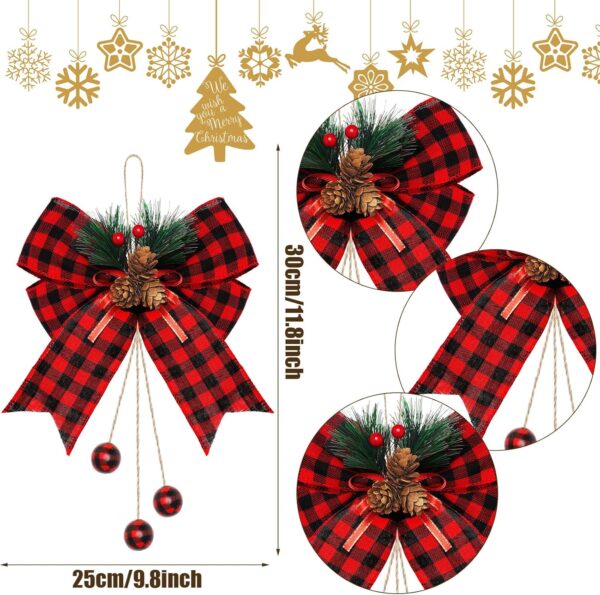 4 Pcs Christmas Bows Large Buffalo Plaid Bow with Pine Cones 9.8 x 11.8 Inch(Red and Black Plaid) 5