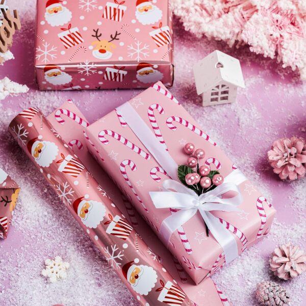 Reversible Christmas Wrapping Paper Roll - Metallic Foil with Santa Claus & Candy Cane in Pink - 17 inches x 32.8 Feet (46.45 sq.ft.) 2